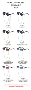Detailed catalog of polygon frame sunglasses in eight colorways with elegant metal chains