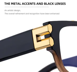 Detail of square sunglasses hinge with golden geometric metal B-shaped accent