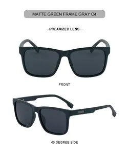 Macro view of matte green square frame polarized sunglasses with gray lenses