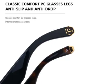 Detail of square sunglasses temples with PC material, metal core, and golden P logo