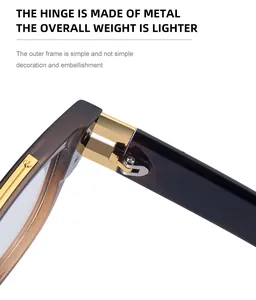 Detailed close-up of a premium gold metal hinge and tortoiseshell temple on square sunglasses