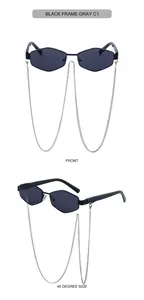 Detail view of black geometric hexagonal sunglasses with stylish silver metal neck chain