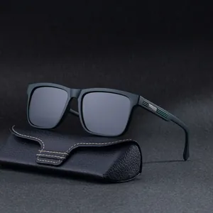 Polarized square men's sunglasses with green temple accents and premium leather case