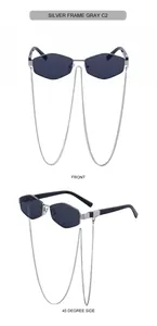 Front and 45-degree side views of silver polygonal sunglasses with gray lenses and chain