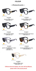 Detailed grid showing seven color variants of square photochromic sunglasses with metal trim