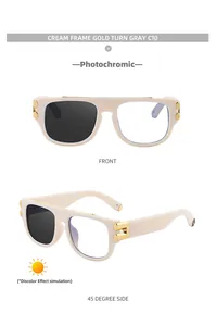 Detail of cream square photochromic sunglasses with gold metal accents and dual-view angle