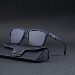Mens classic square polarized sunglasses in matte blue with luxury leather case