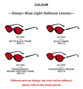 Detail view of oval sleep glasses XH-3520 in four frame colors with red blue light lenses