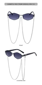 Detail of gunmetal polygon sunglasses with gradient lenses and a silver metal chain
