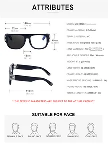 Detailed size chart for square photochromic sunglasses with metal PC frame dimensions