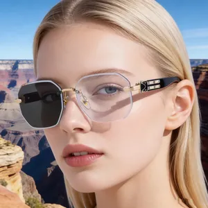Women Frameless Octagonal Photochromic Sunglasses UV400 PC Lens Trendy Outdoor Sun Protection Square Sunglasses Fashion Eyewear