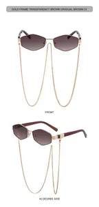 Detailed front and side view of geometric gold frame sunglasses with brown gradient lenses