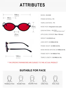Detailed size chart for oval sunglasses showing frame width, lens height and bridge size