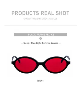 Front view of oval black frame sunglasses with red lenses and blue light defense