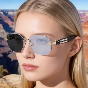 Fashion rimless square sunglasses for women with luxury metal temple and photochromic lenses