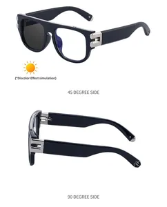 Detail view of square frame color-changing sunglasses with silver metal hinge and logo
