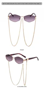 Detailed views of polygon metal frame sunglasses with gradient lenses and stylish gold chain