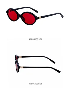 Oval fashion sunglasses with red lenses and gold pyramid textured temple details