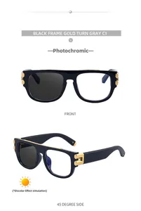 Detail of square photochromic sunglasses with black frames and gold metal hinge accents