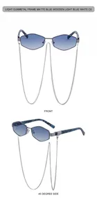 Polygonal sunglasses with light gunmetal frame, blue gradient lenses and wood grain temples