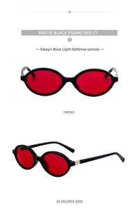 Detail view of oval matte black sunglasses with red blue light defense lenses
