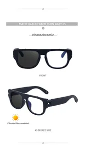 Front and 45-degree side views of matte black square photochromic sunglasses with C5 finish