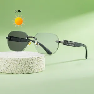 Frameless octagonal photochromic sunglasses with marble textured temples and metal accents