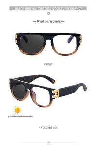 Detail of square photochromic sunglasses with tortoiseshell frame and gold hinges