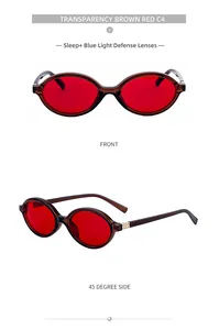 Detail view of oval sleep glasses with transparent brown frames and red lenses