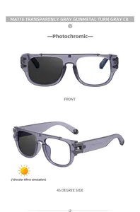 Detail of matte gray photochromic sunglasses with gunmetal hinges and square frame