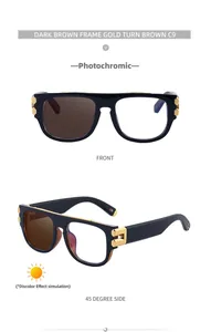 Detail of square photochromic sunglasses with gold metal accents and color-changing lenses