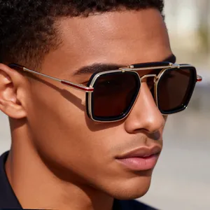 Vintage Square Double Bridge Sunglasses For Men Women Metal Plastic Frame UV400 Sun Protection Fashion Outdoor Eyewear