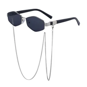 Chic polygonal silver frame sunglasses with deep gray lenses and metal chain detail