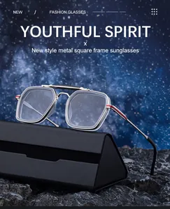 Detail of square frame sunglasses with metal temples on a triangular leather case