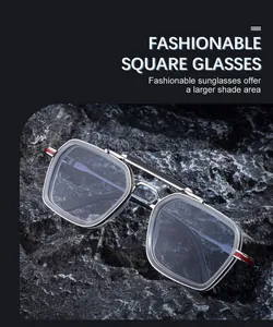 Detail of silver alloy temples with red enamel accents on square frame sunglasses