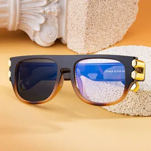 Square frame photochromic sunglasses with golden hexagon hinge detail and gradient frame