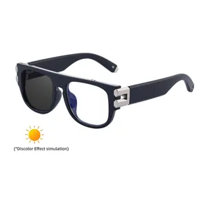 Women's square frame photochromic sunglasses showing indoor clear and outdoor dark lens
