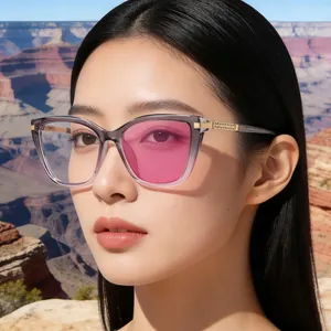 Fashion cat-eye sunglasses with transparent grey frame and asymmetric pink lens for women