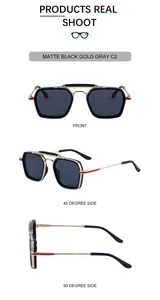 Three angles of matte black square sunglasses with gold metal temples and red stripe
