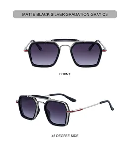 Front and 45-degree side views of square matte black sunglasses with double bridge details