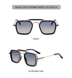 Close-up of black and gold square sunglasses with retro double bridge and gradient lenses
