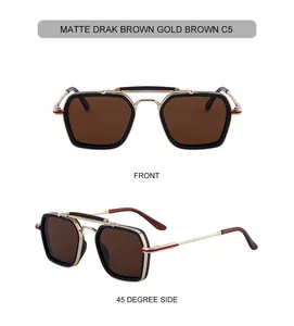 Front and 45-degree angle view of vintage square sunglasses with copper alloy temples