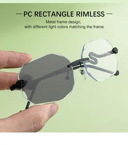 Détail de lunettes de soleil sans monture avec branches en S et bords taillés diamant