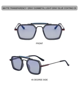 Front and 45-degree side view of gunmetal square sunglasses with light blue lenses