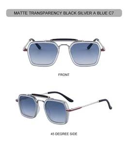 Detailed front and side views of vintage square sunglasses with blue gradient lenses