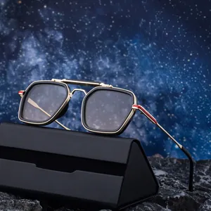 Retro square double bridge sunglasses for men with metal frame and folding case