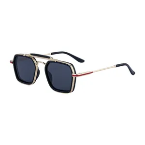 Retro square frame sunglasses with gold copper alloy temples and dark grey lenses for men
