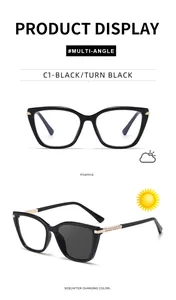 Detail of cat eye sunglasses showing light-sensitive photochromic lenses and gold hinges