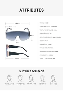 Detailed size chart for frameless oversized shield sunglasses with 150mm total width