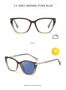 Detailed view of cat eye photochromic sunglasses changing from grey-brown to blue lenses